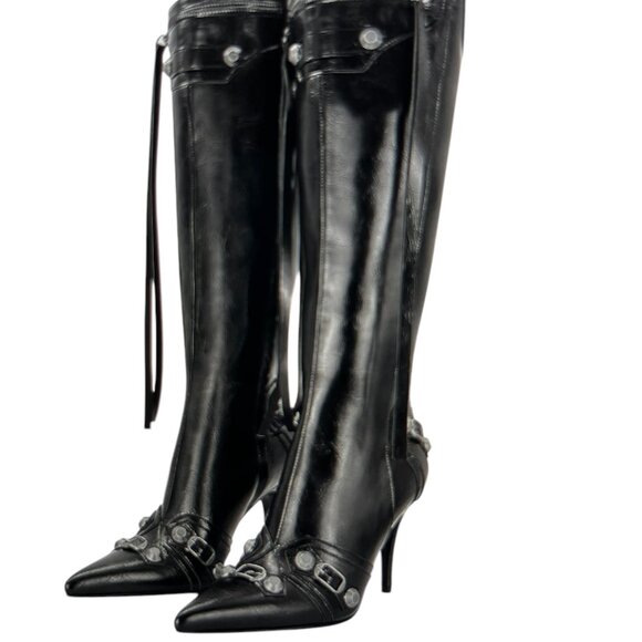 dsevht Shoes - Knee High Pointed Toe Black Stiletto Sexy Zipper Boots Size: 9